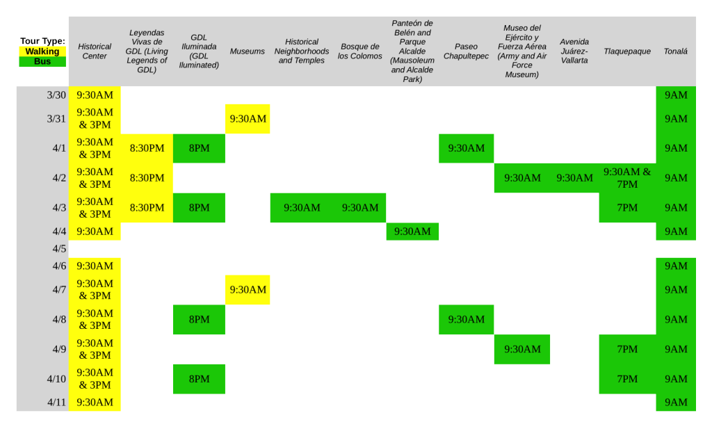 GDL Free Tours Schedule Matrix